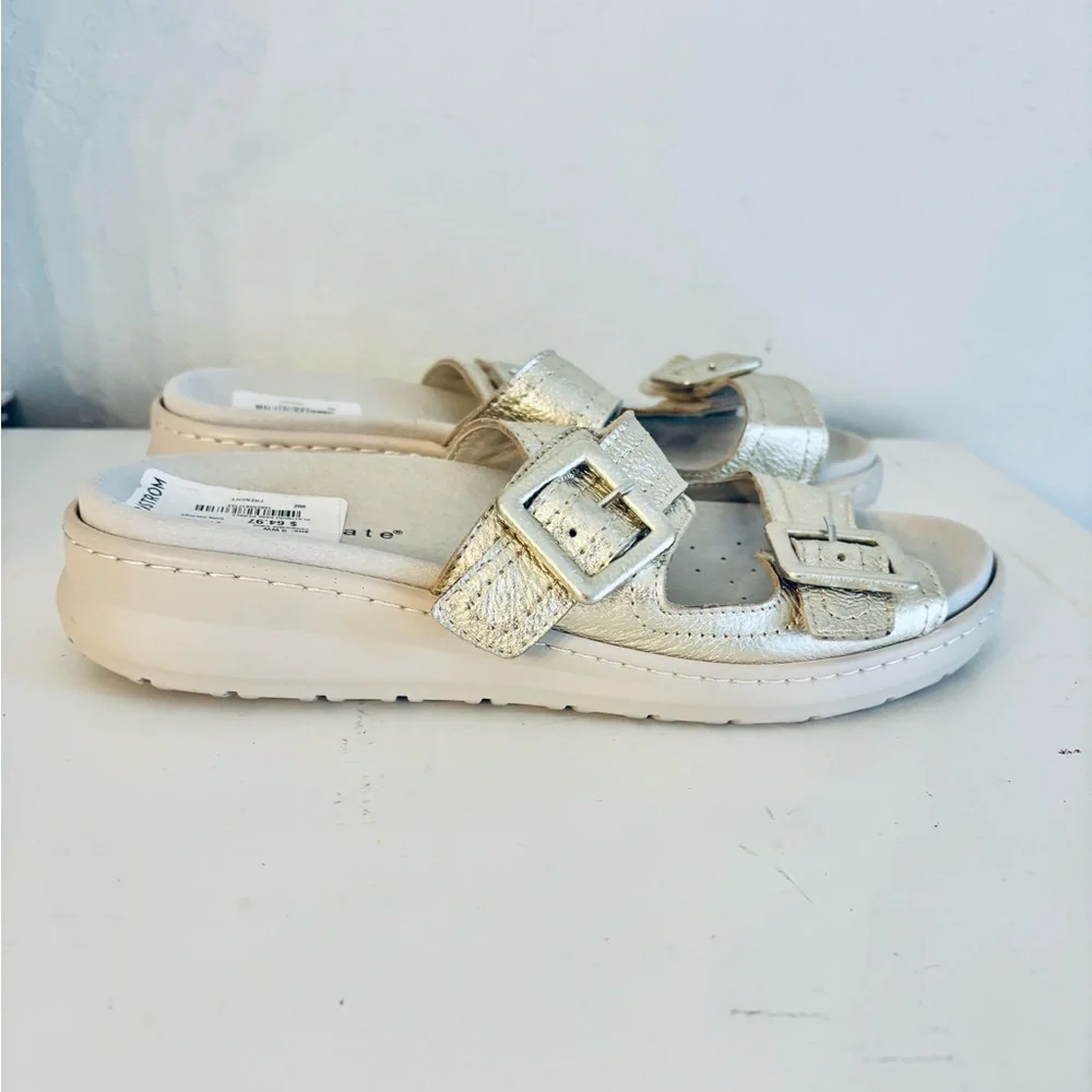David Tate Frenchy Double Band Slide Sandal Metallic Pebbled Leather, Sz 9